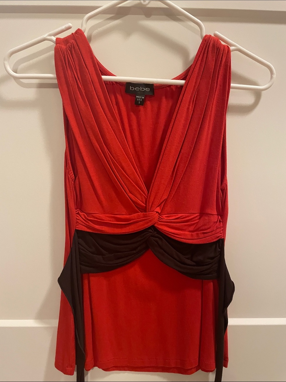 bebe Red and Black Twist-Front Draped Tank